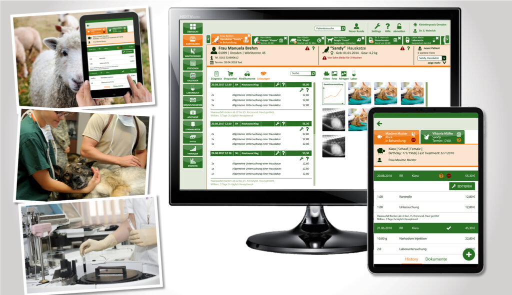 Arrangement von Bildern zur Branche Tiermedizin: Person an Monitor, die die neue Praxisverwaltungssoftware bedient; Praxisteam mit Hund vor oder nach Behandlung; Laborgeräte zur Analyse von Blut; ein Monitor mit der neuen Software; ein Tablet mit der neuen App.