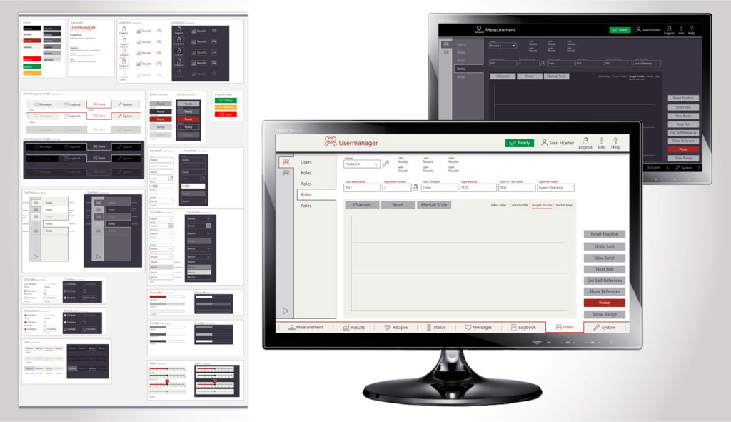 Arrangement von Bildern zur Branche Industrie: Monitor und Tablet, sowie Ansichten zeigen die erneuerte Oberfläche der Prüfsoftware für Carbonfaser-Werkstoffe