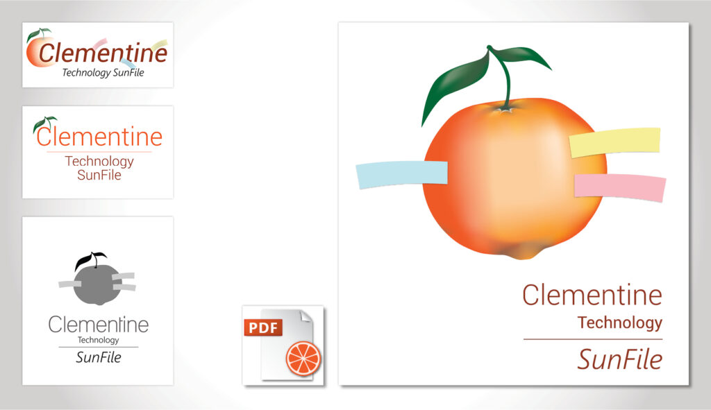 Arrangement aus Bildern zur Branche Verwaltung: der Schriftzug 'Clementine Technology SunFile' in verschiedenen Varianten mit einer Clementine im Bild oder angedeutet; Logos und Icon für eine PDF-Viewer-Software.