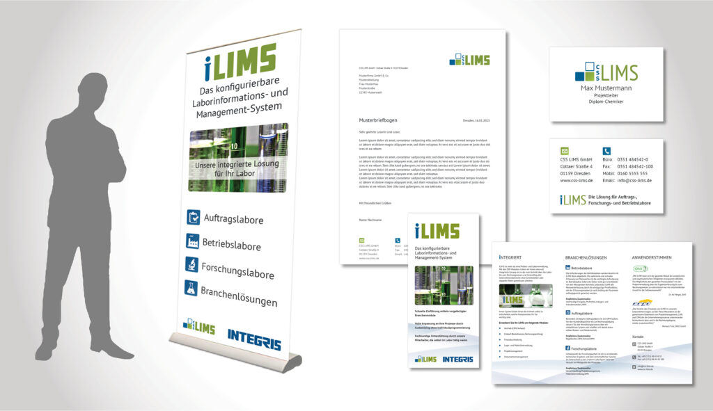 Arrangement von Bildern zur Branche Verwaltung: diverse Printmedien(Aufsteller, Brief, Flyer, Broschüre, Visitenkarte) zeigen das neue Corporate Identity Design für L I M S, das konfigurierbare Laborinformations- und Management-System.