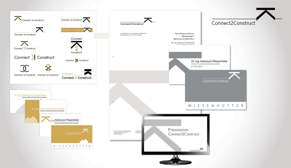 Arrangement aus Bildern zur Branche Bau: Logos, Visitenkarten, Ansichten der kleinen Geschäftsausstattung; Connect to Construct; Connect 2 Construct; Wiesenhütter.