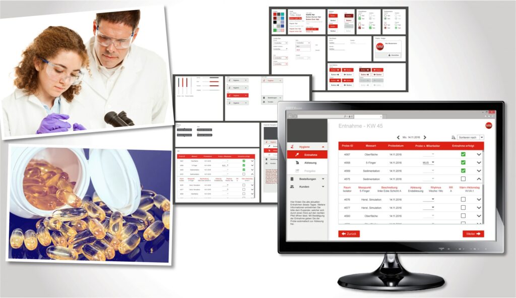 Arrangement von Bildern der Branche Medizinlogistik: Laborkräfte vor einem Mikroskop; Medikamente in Tablettenform ausgeschüttet auf eine Oberfläche; Ansichten des neuen UI Designs zur Begleitung der Probenentnahme.