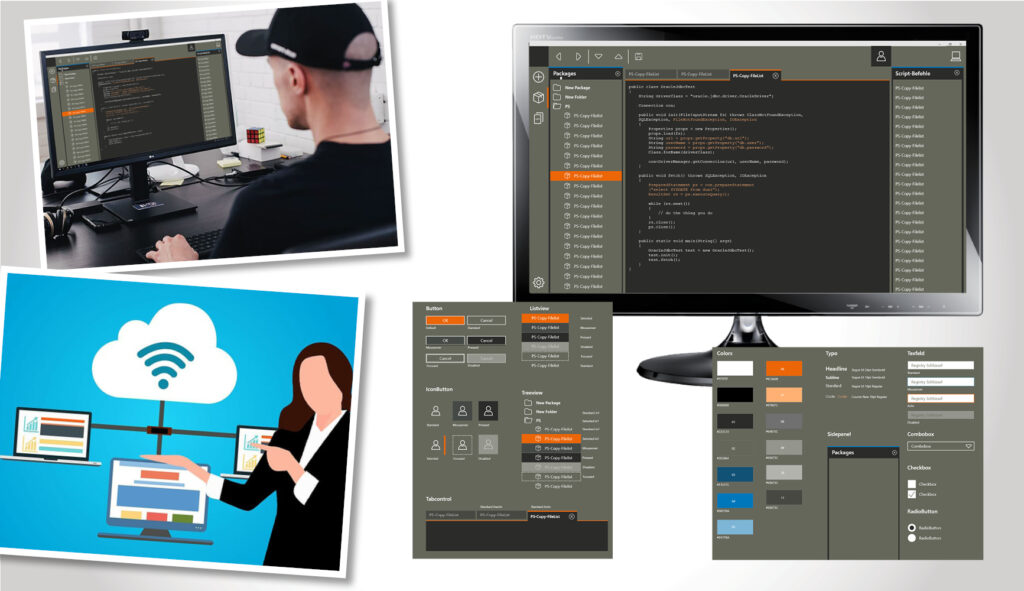 Arrangement von Bildern zur Branche I T: Nahaufnahme eines PC-Arbeitsplatzes, der Person davor kann über die Schulter geschaut werden, wie sie das neue Admintool verwendet; Grafik die die Verbindung von mehreren Computern über ein WLAN-Netzwerk symbolisch darstellt; ein Monitor und Ansichten der neuen Oberfläche für das Admintool.