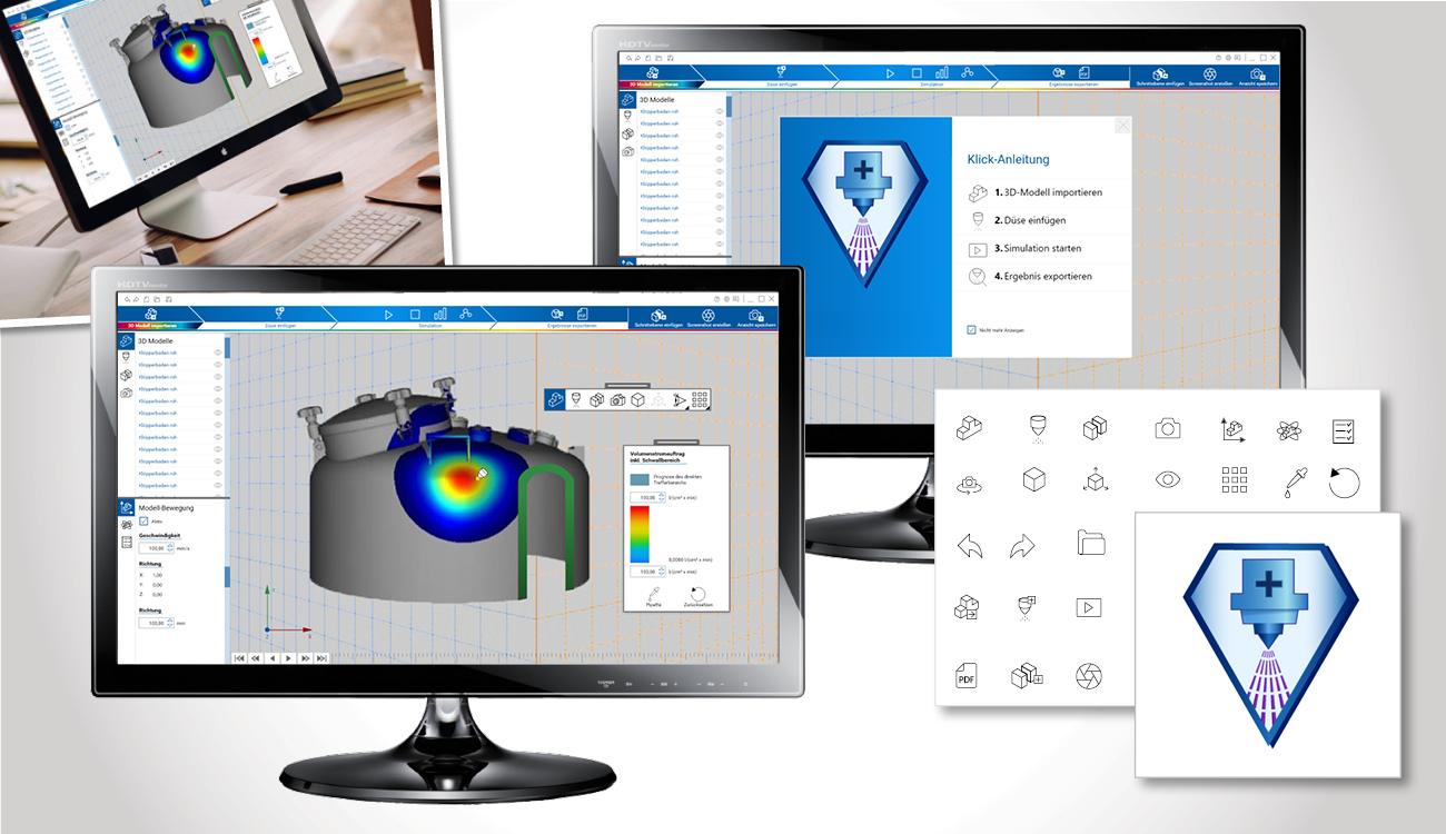 Arrangement von Bildern zur Branche Industriereinigung: Schreibtisch mit Monitor, der das neue UI-Design zeigt; Monitore mit Darstellungen des neuen Oberflächenkonzepts; Bilder mit designten Icons für das neue Oberflächenkonzept.