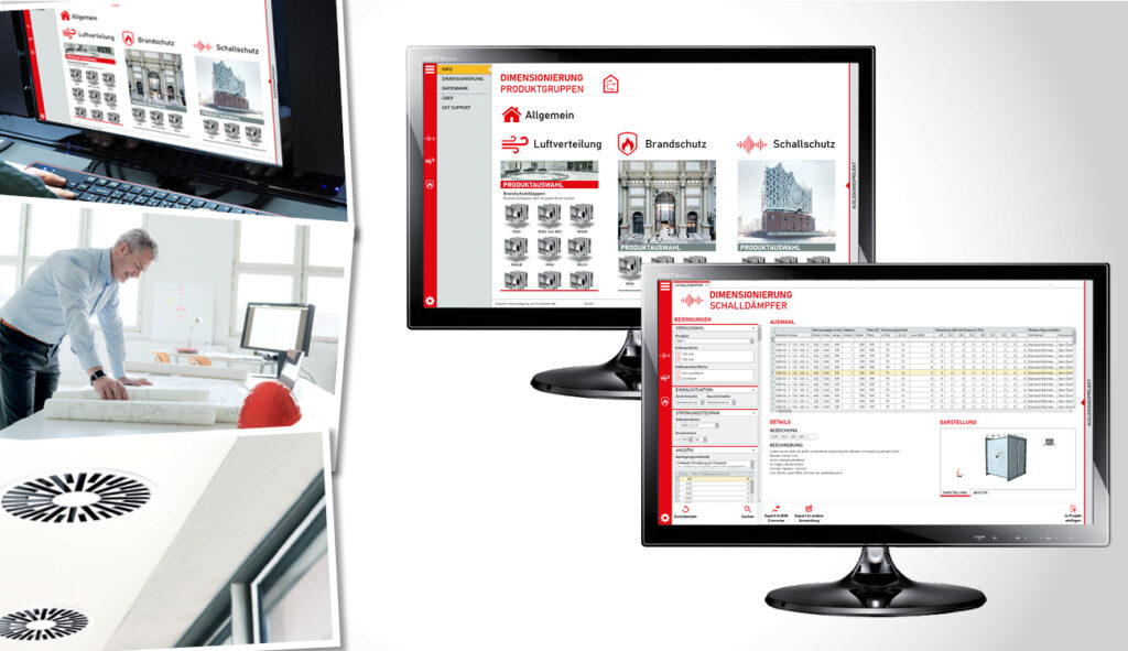 Arrangement von Bildern zur Branche Bauindustrie: Nahaufnahme eines Monitors mit Tastatur, vielleicht ein Arbeitsplatz, der die Oberfläche zeigt; Nahaufnahme von Lüftern in der Decke; Aufnahme eines Mannes an einem Arbeitsplatz, der Baupläne aus Papier auf einem großen Tisch ausrollt und betrachtet; zwei Monitore mit Ansichten des neuen UI-Designs;