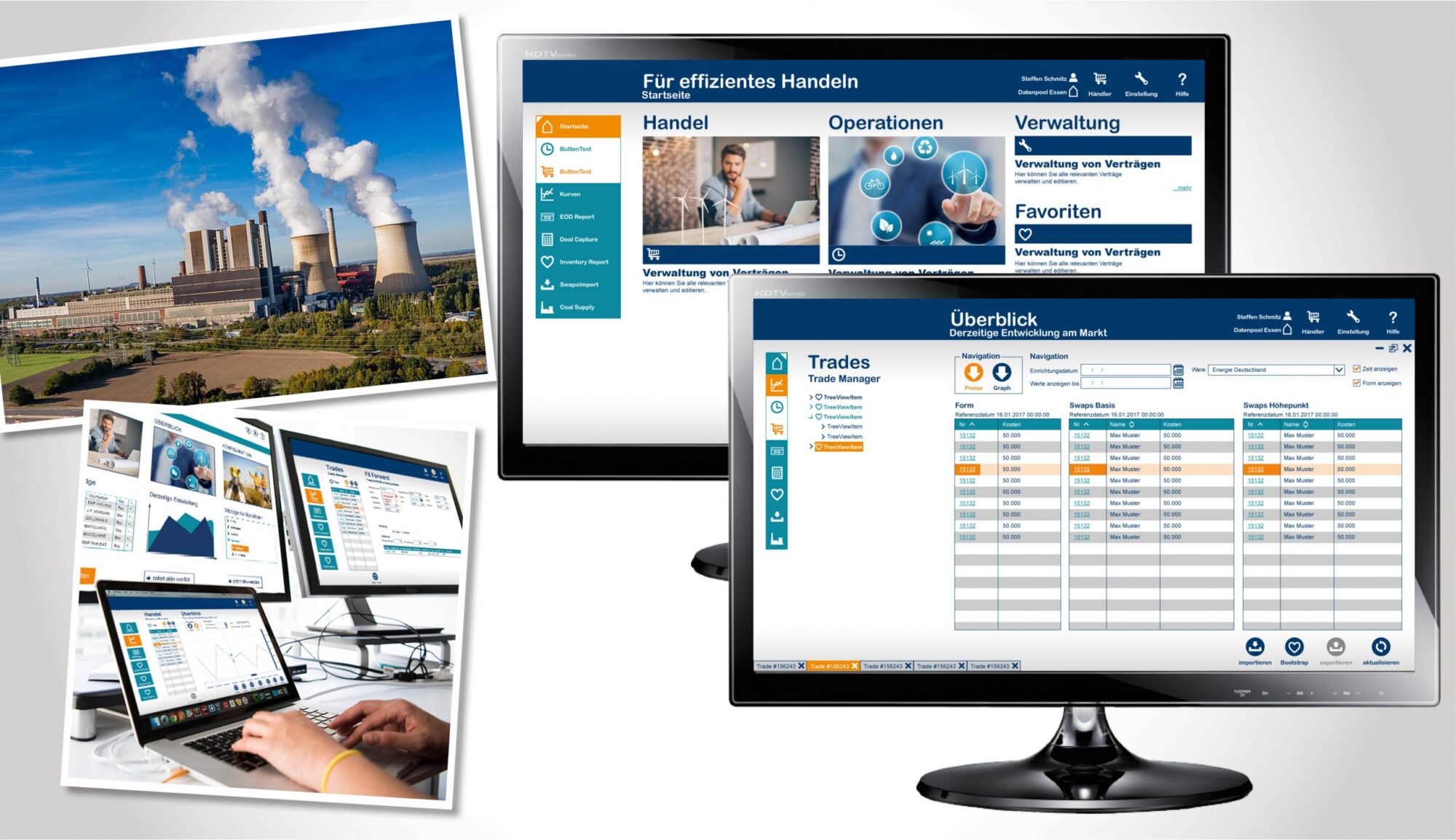 Arrangement von Bildern zur Branche Energie: ein Kraftwerk; ein Kontrollraum mit 2 Monitoren und einem Laptop, die die neue Oberfläche zeigen; 2 PC-Monitore, die die neue Oberfläche zeigen.
