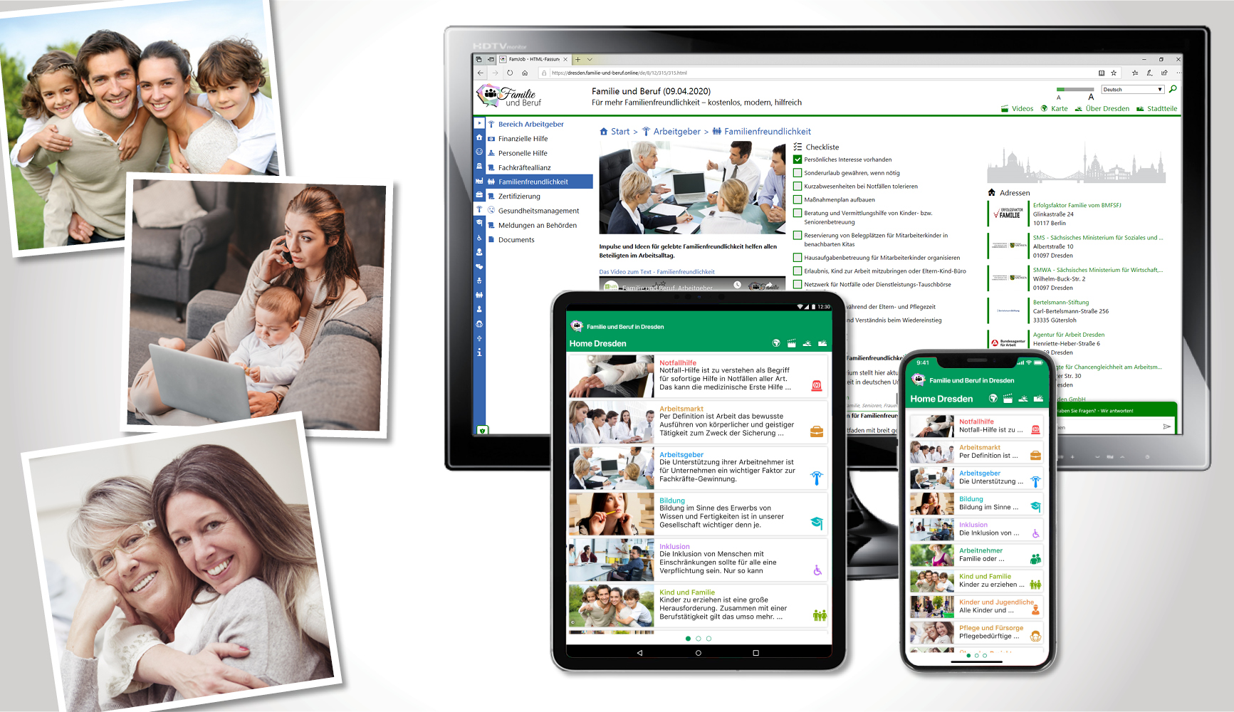 Arrangement aus Bildern zur Branche Gemeinnuetzig: Familie im Freien mit 1 Mädchen, 1 Junge, 1 Mutter, 1 Vater; telefonierende Frau mit Baby und Laptop auf Couch; ältere Mutter mit Tochter, beide Erwachsen; Monitor, Tablet und Smartphone mit der Website Familie-und-Beruf.online