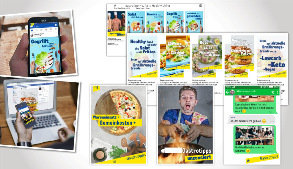Arrangement von Bildern zur Branche Handel: Hand hält Smartphone, das social media App zeigt; Hand hält Smartphone, dessen social media app die Kampagne zeigt, die Hand ist Teil eines Schulterblicks auf einen Laptop, der ebenfalls die Kampagne zeigt; Bilder verschiedener Bilder als Gastrotipps: unter anderem: Salat statt Fritten...; Gegrillt statt frittiert; Wareneinsatz + Gemeinkosten +