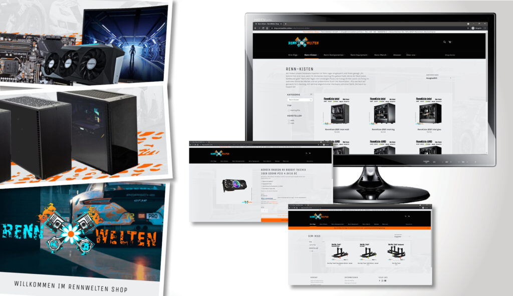 Arrangement aus Bildern zur Branche Unterhaltung: PC-Hardware, Computer, Motherboard, Lüfter, eine 3D-Grafikszene; die Rückansicht eines virtuellen Fahrzeugs, davor der Schriftzug: Willkommen im Rennwelten Shop, Monitor und Ansichten des Onlineshops Rennwelten.