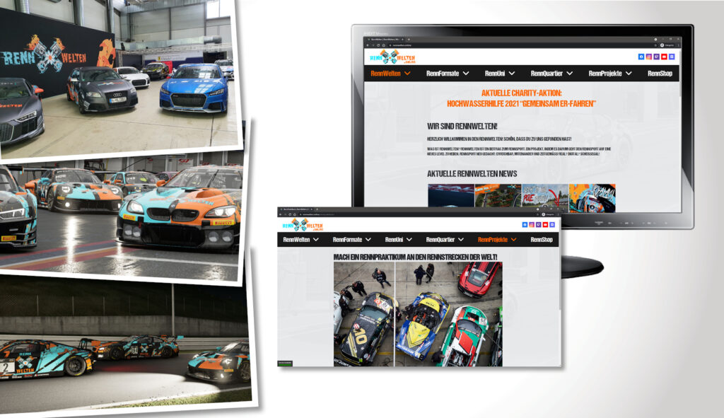 Arrangement aus Bildern zur Branche Unterhaltung: Rennautos in einer Halle, der Schriftzug Rennwelten ist im Hintergrund zu erkennen; Szenen aus dem Spiel, virtuelle Rennautos in einem Rennen, sowie vor oder nach einem Rennen; Monitor und Browserfenster mit Ansichten der Shopseite Rennwelten.