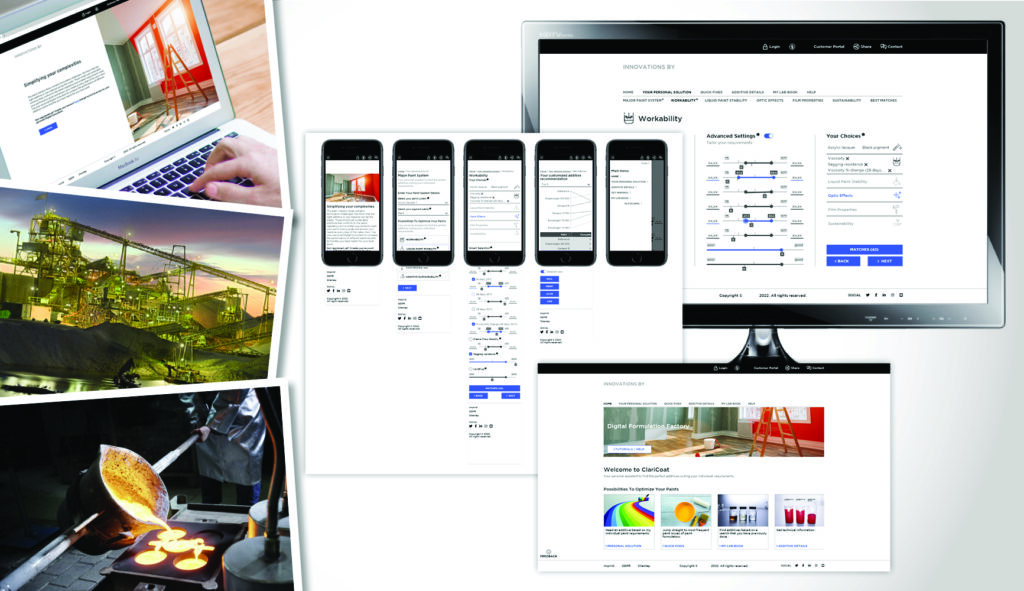 Arrangement aus Bildern zur Branche Industrie: Nahaufnahme eines Laptops, der das neue UX-Design zeigt; Aufnahme eines Tagebaus; Aufnahme eines Gefäßes mit Metallschlacke, einer Form, in der die Schlacke gegossen wird und eines Arbeiters, der an einer Stange das Gefäß dreht; Ein Monitor und zwei Ansichten, die das neue UX-Design und Einstellungen zeigen.