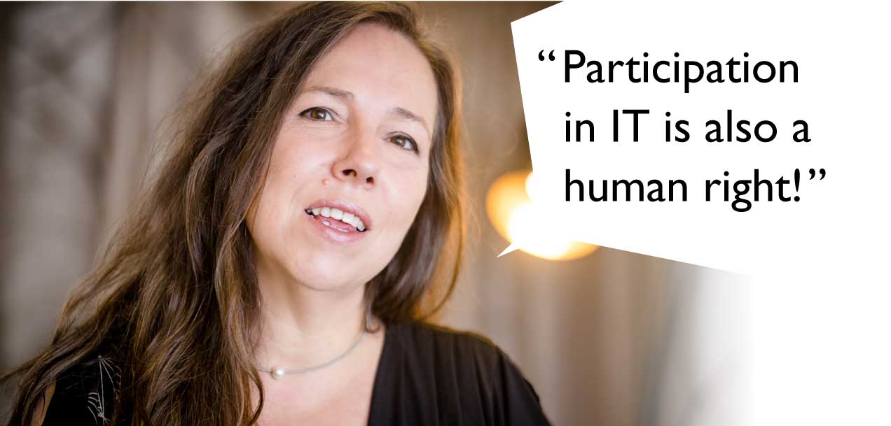 Peggy Reuter-Heinrich in portrait with embedded quote in a speech bubble: “Participation in IT is also a human right!”