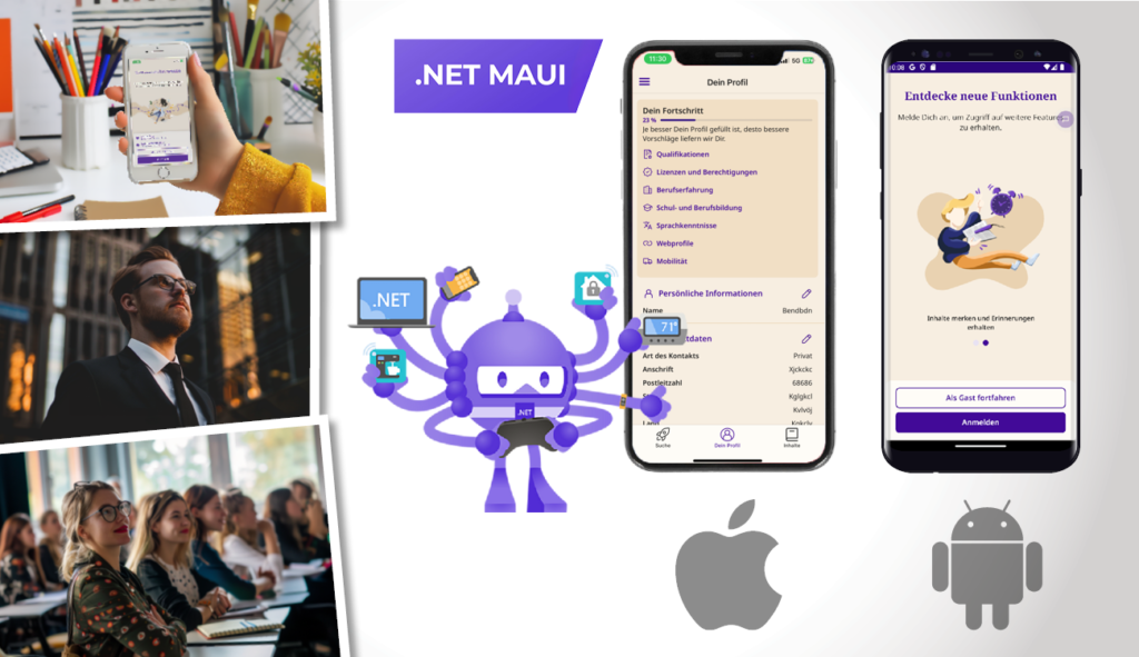 Arrangement aus Bildern zur Branche Bildung: Leute in einem Klassenzimmer, ein Mann in einem Geschäftsviertel mit Hochhäusern, eine Hand, die ein Smartphone hält, auf dem ein Login-Screen zu sehen ist; das Logo dot Net MAUI, eine Figur mit vielen Armen, die einen digitalen Assistenten darstellt, zwei Ansichten von Smartphones, die die Oberfläche der App zeigen. Die App zeigt Auswahlfelder für Qualifikationen, Lizenzen und Berechtigungen, Berufserfahrung, Schul- und Berufsbildung, Sprachkenntnisse, Webprofile, Mobilität und Persönliche Informationen an.