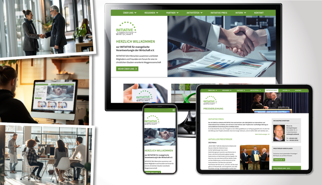 Arrangement aus Bildern zur Branche Wirtschaft: Menschen im Geschäftsalltag, Handschlag, neuen Homepage mit Wordpress für die Initiative Wirtschaft, PC-Monitor, Tablet und Smartphone zeigen die neue Website der Initiative Wirtschaft.