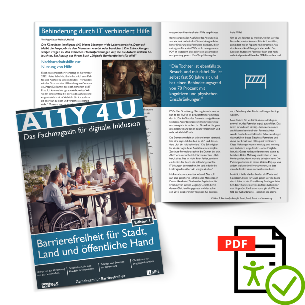 Cover und Textauszug, Magazin A11Y4U, Edition 3: Barrierefreiheit für Stadt, Land und öffentliche Hand; barrierefreie PDF Version