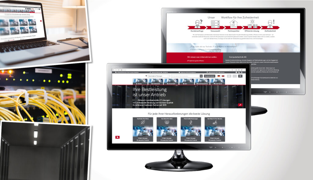Arrangement von Bildern zur Branche Einzelhandel: Laptop auf Schreibtisch, der eine Webseite mit dem neuen Konzept des Designs zeigt; Nahaufnahme Netzwerkkabel an Switch; Raum mit Deckenlicht und Technikschränken; zwei Monitore mit Ansichten des neuen Webseitendesignkonzepts, Text auf einer der Ansichten: 'Ihre Bestleistung ist unser Antrieb';