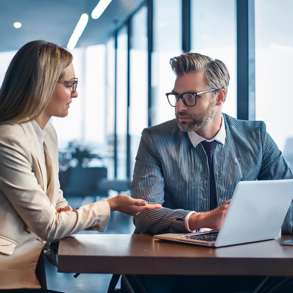Professionelles Beratungsgespräch an einem Laptop
