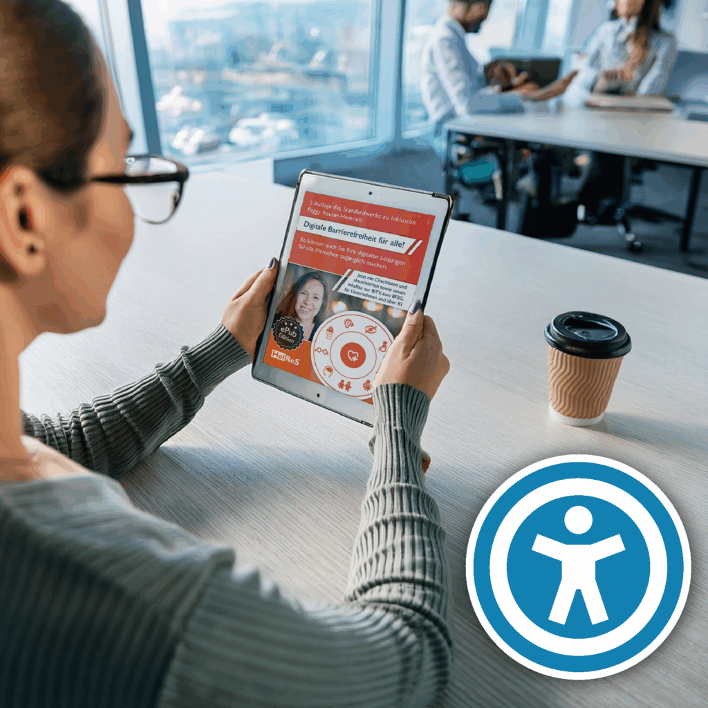 Frau sitzt mit einem barrierfreien eBook in einem hellen Büro und liest es