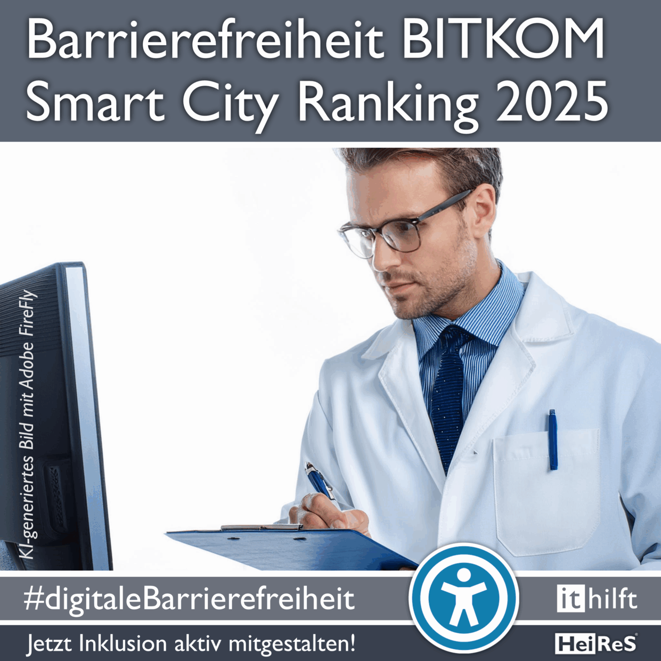 Smart City Ranking der BITKOM 2025 Mann mit Checkliste vor einem Desktop PC. KI-generiertes Bild mit Adobe FireFly #digitaleBarrierefreiheit Jetzt Inklusion aktiv mitgestalten!