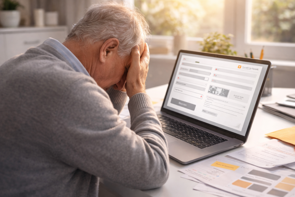 Älterer Mann sitzt verzweifelt vor einem Online Formular