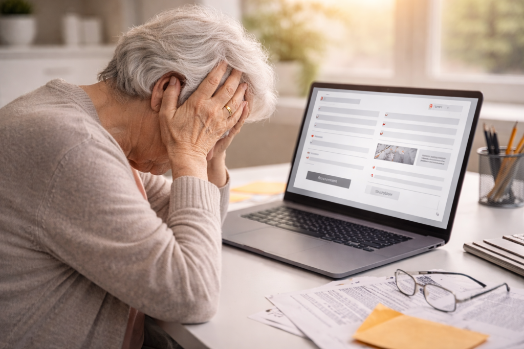 Älterere Frau sitzt verzweifelt vor einem Online Formular