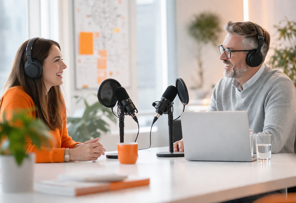 Eine Frau und ein Mann nehmen zusammen in einem Hellen Büro einen Podcast auf. Sie sehen entspannt und fröhlich aus.