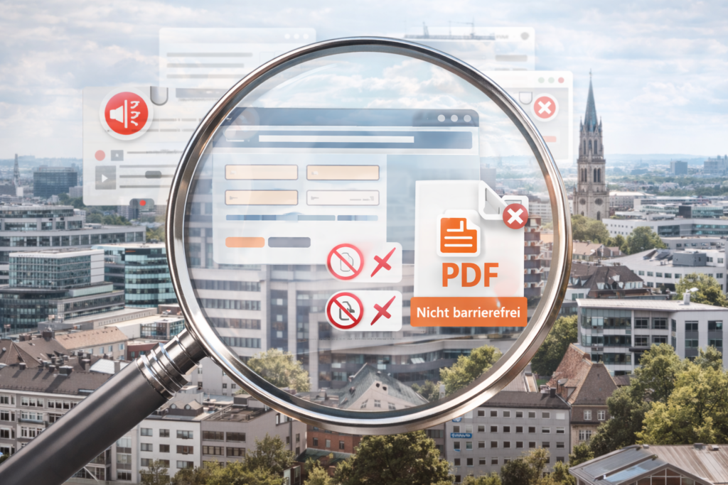 Städteansicht mit einer Lupe davor welche auf digitale Produkte schaut