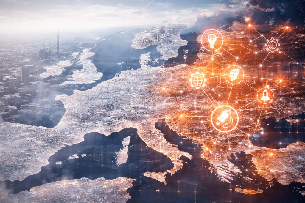 Europakarte von oben mit einem angedeuteten digitalen Netz