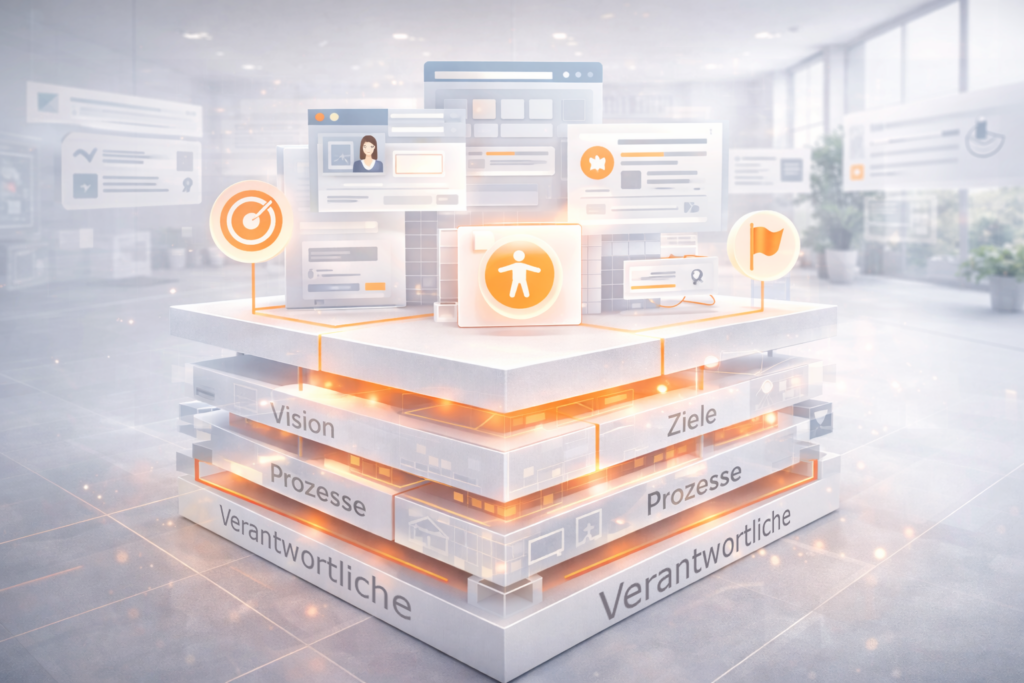 abstrahierte digitale Elemente stehen auf einem stabilen Fundamten aus Verantwortlichkeit, Prozessen und Zielen