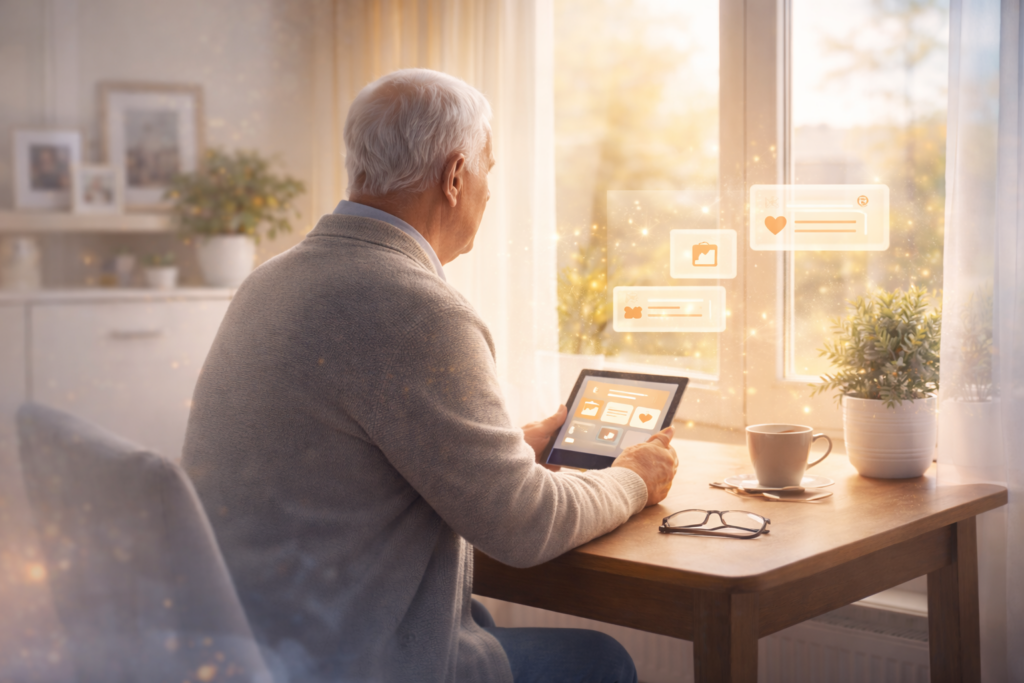 Älterer Mann sitzt am Fenste und hält ein Tablet in den Händen