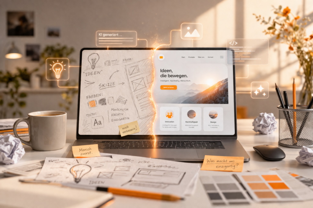 Laptopbildschirm ist in 2 Teile geteilt, die eine Hälfte zeigt Ideen handschriftlich und gescribblt die andere klinsch und genau ausformuliert. Beides sieht gut aus ist aber komplett unterschiedlich.