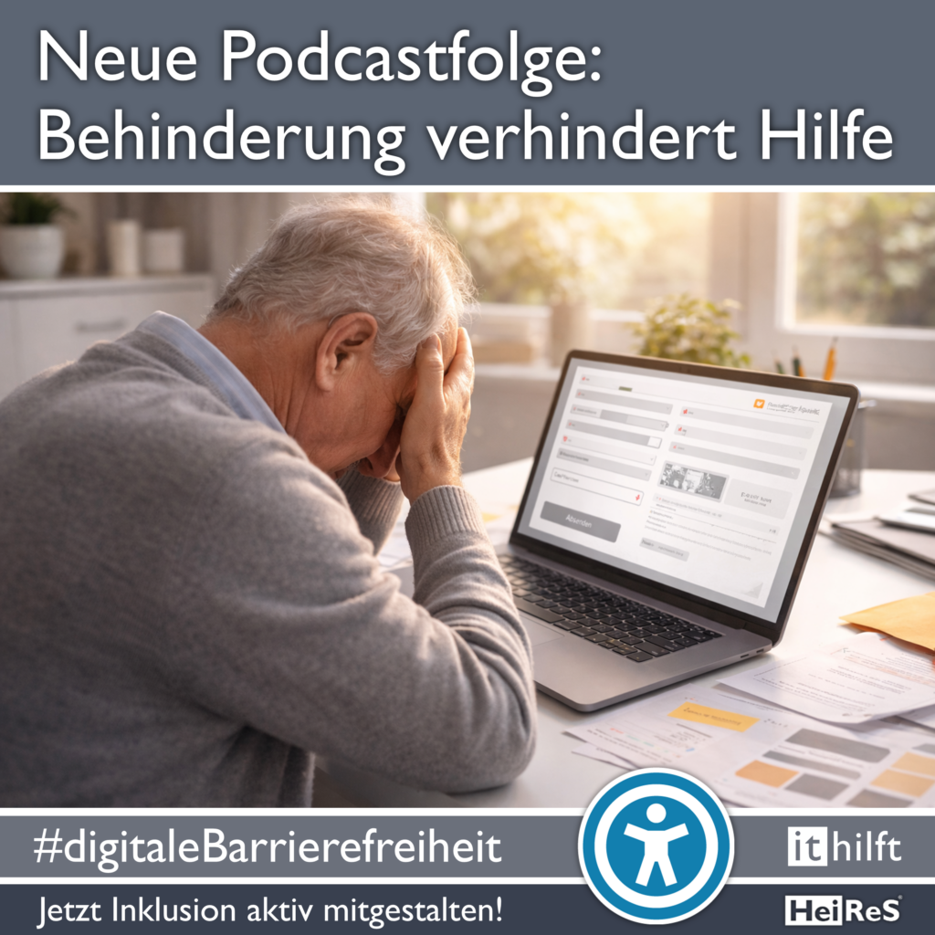 Neue Podcastfolge: Behinderung verhindert Hilfe Älterer Mann sitzt verzweifelt vor einem Online Formular
