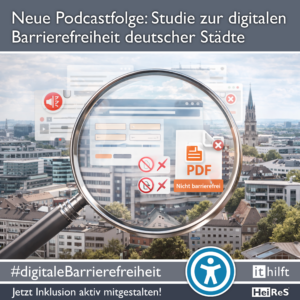 Neue Podcastfolge: Studie zur digitalen Barrierefreiheit deutscher Städte Stadt aus der Vogelperspektive davor schwebt eine große Lupe welche digitale Komponenten vergrößert zum Beispiel PDFs