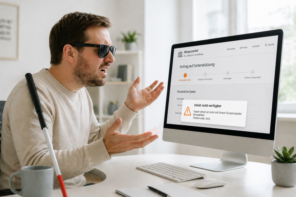 Blinder Mann vor Computer wirkt frustriert, da eine Website eine Fehlermeldung zeigt und nicht mit seinem Screenreader kompatibel ist.