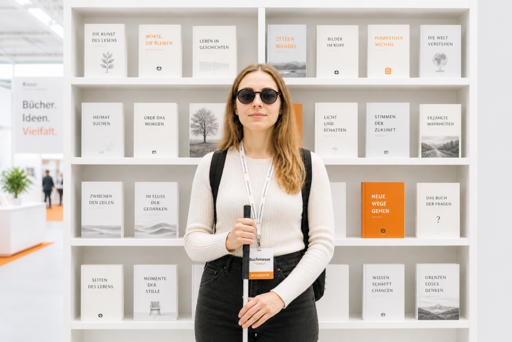 Blinde Frau mit Sonnenbrille und Blindenstock steht vor Bücherregal auf der Buchmesse Frankfurt, trägt Besucherausweis und blickt ruhig nach vorn.