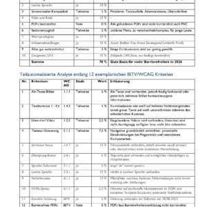 Tabellenübersicht der Barrierefreiheitsprüfung mit Kriterien, Bewertungen und Verbesserungspotenzialen.