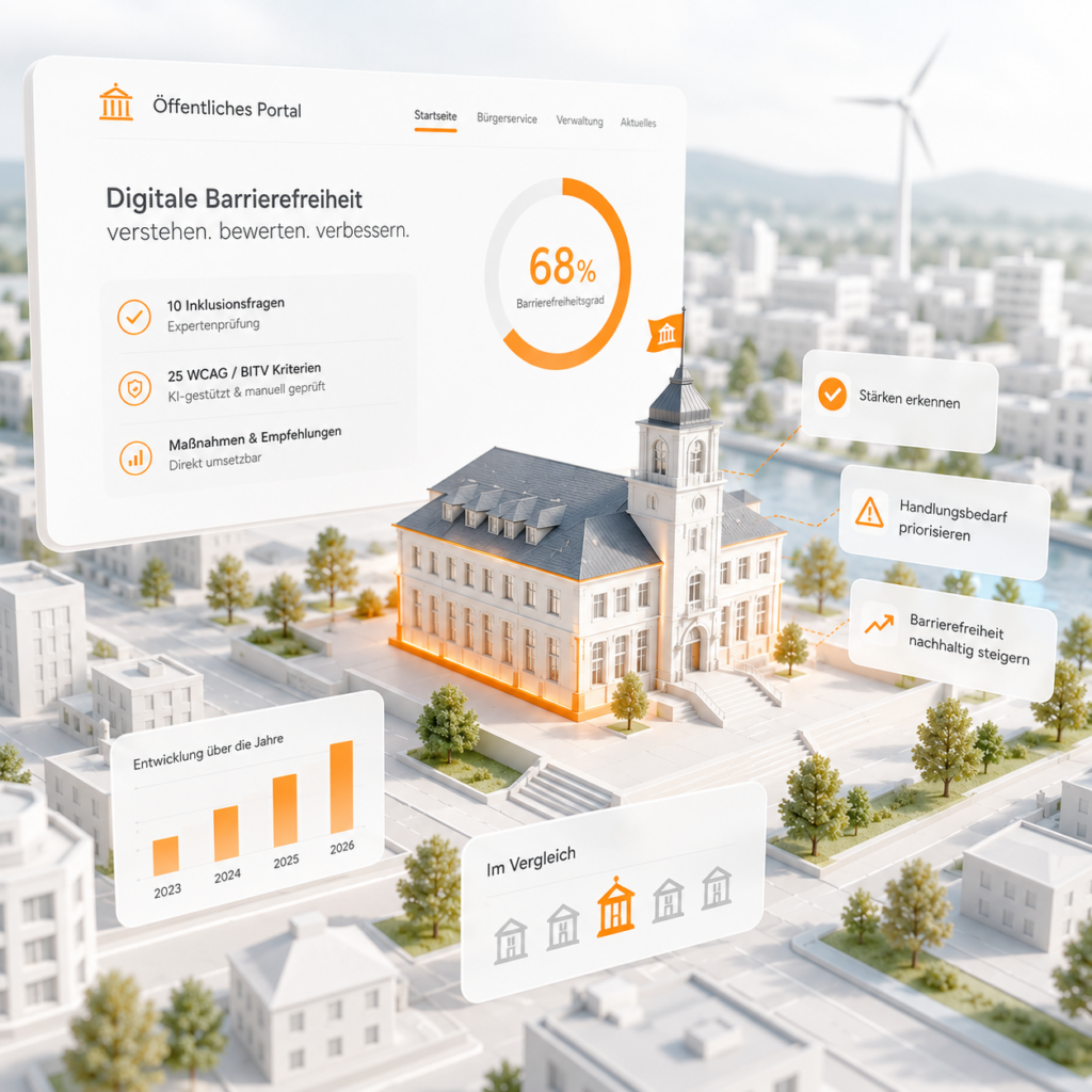Stilisierte Oberfläche eines öffentlichen Portals zur digitalen Barrierefreiheit über einer Miniaturstadt, mit 68 % Barrierefreiheitsgrad und hervorgehobenem Verwaltungsgebäude.