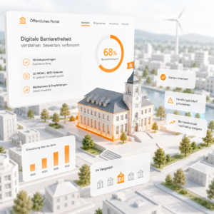 Stilisierte Oberfläche eines öffentlichen Portals zur digitalen Barrierefreiheit über einer Miniaturstadt, mit 68 % Barrierefreiheitsgrad und hervorgehobenem Verwaltungsgebäude.