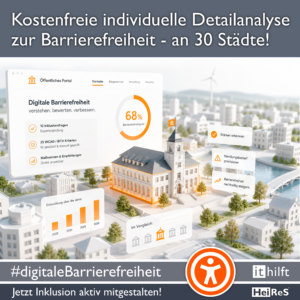 Stilisierte Oberfläche eines öffentlichen Portals zur digitalen Barrierefreiheit über einer Miniaturstadt, mit 68 % Barrierefreiheitsgrad und hervorgehobenem Verwaltungsgebäude.