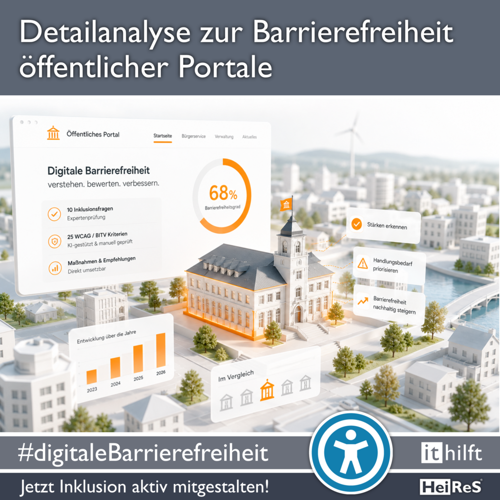 Detailanalyse zur Barrierefreiheit öffentlicher Portale Stilisierte Oberfläche eines öffentlichen Portals zur digitalen Barrierefreiheit über einer Miniaturstadt, mit 68 % Barrierefreiheitsgrad und hervorgehobenem Verwaltungsgebäude.