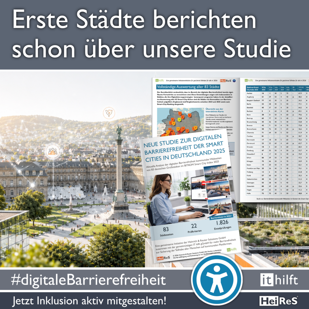 Erste Städte berichten über unsere Studie zur Barrierefreiheit. Stuttgart Städtebild. Studie Deutscher Smart Cities liegt im Vordergrund darüber.
