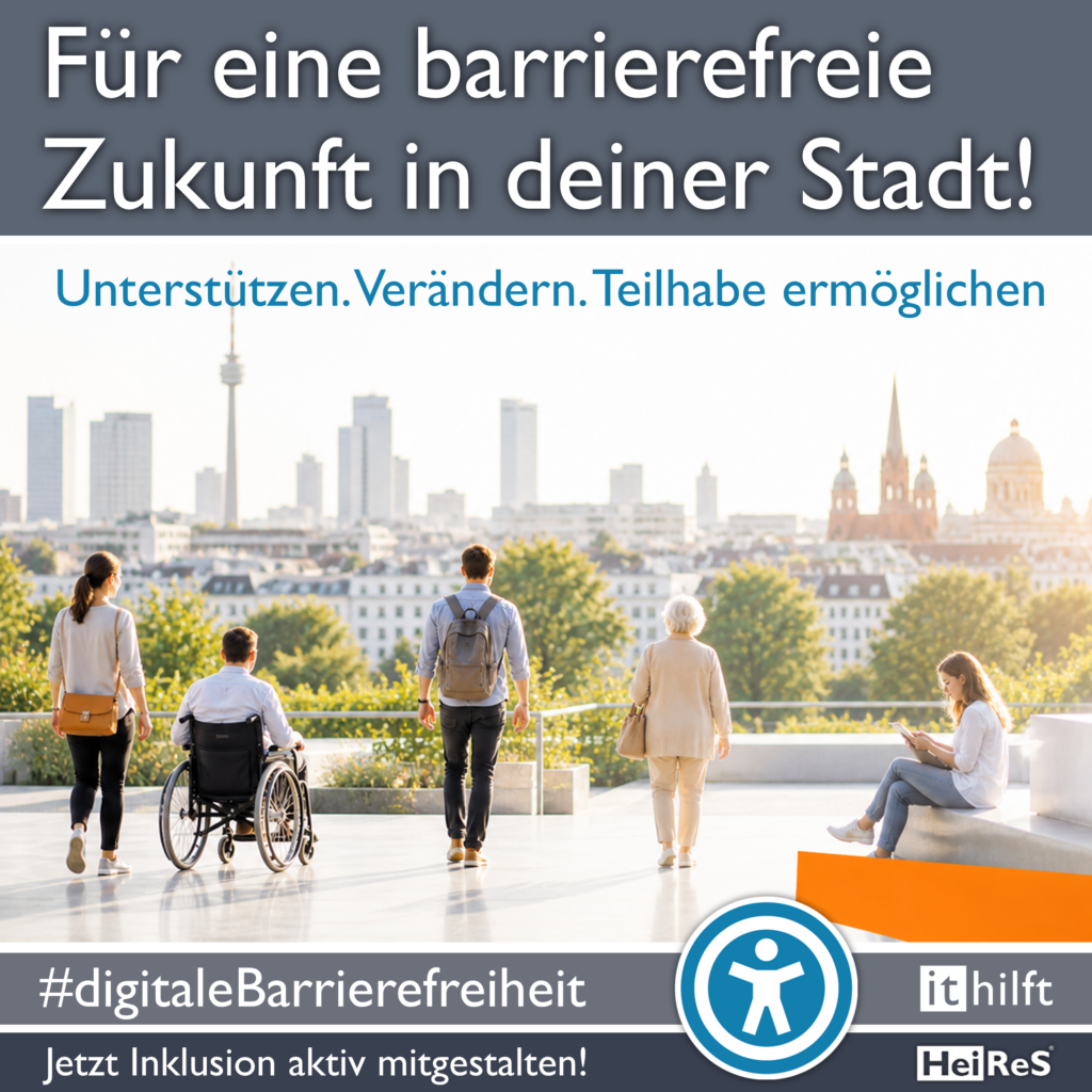 Für eine barrierefreie Zukunft in deiner Stadt! Unterstützen. Verändern. Teilhabe ermöglichen. Menschen unterschiedlichen Alters, darunter eine Person im Rollstuhl, auf einer hellen Terrasse mit Blick auf eine Stadt. Die Szene steht für Inklusion und digitale Teilhabe.