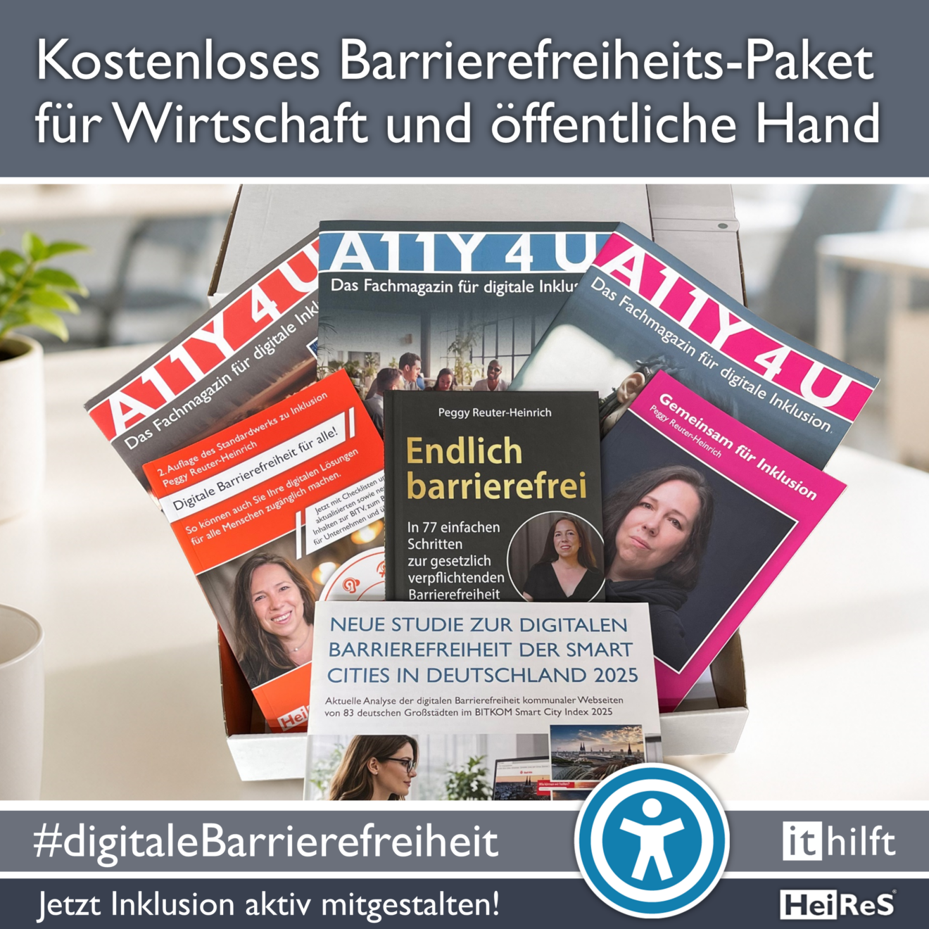 Kostenloses Informationspaket zur digitalen Barrierefreiheit mit Fachmagazinen, Studie und dem Buch „Endlich barrierefrei“ für Unternehmen und öffentliche Einrichtungen.