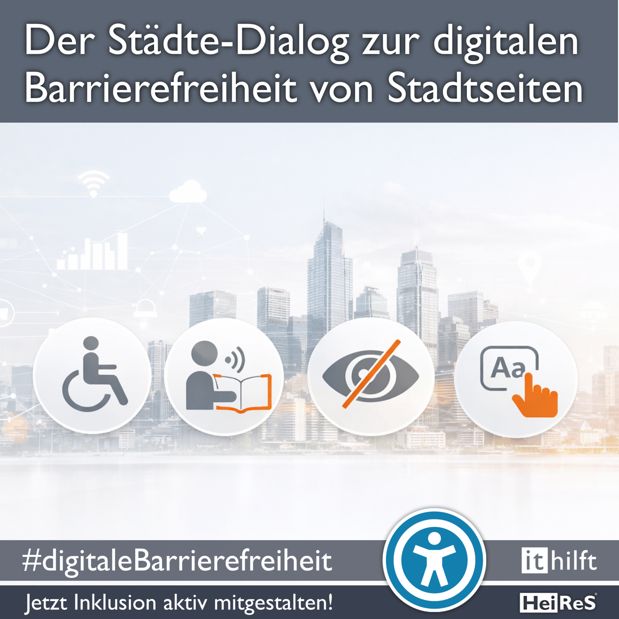 Webinar zur Studie: Digitale Barrierefreiheit von Städten Barrierefreiheits Icons vor einer Städtesilhuette