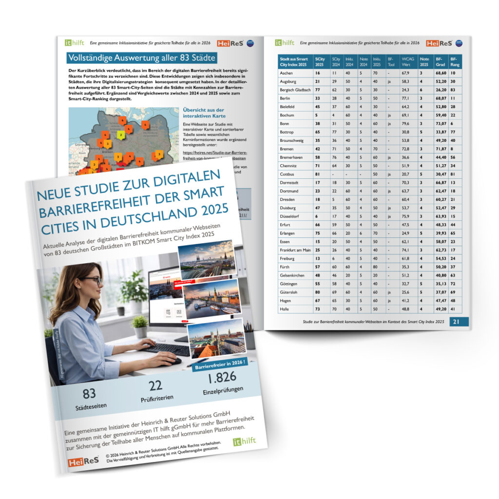 PDF-Studie zur digitalen Barrierefreiheit deutscher Smart Cities 2025 mit Tabellen, Karten und Prüfberichten.
