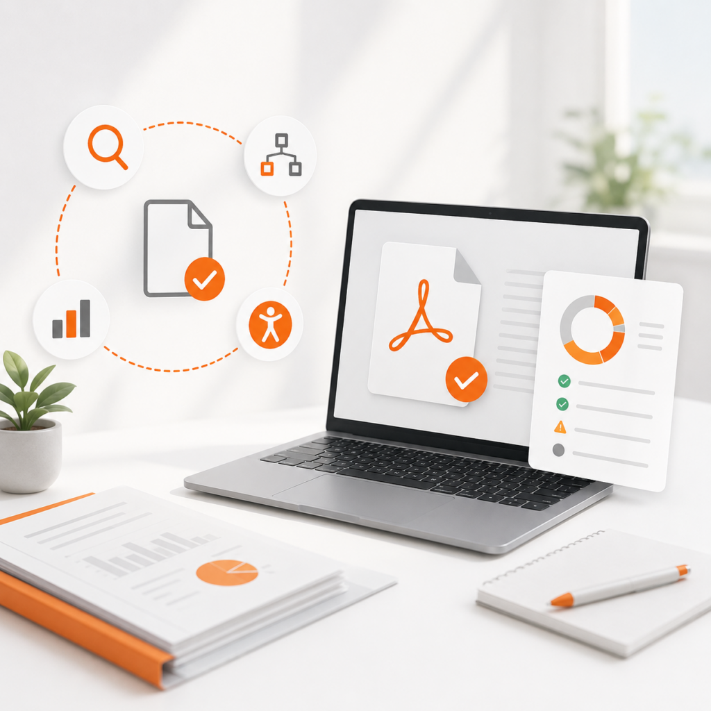 Illustration eines Laptops mit geprüftem PDF und Symbolen für Struktur, Analyse und Zugänglichkeit. Visualisiert die Erstellung und Prüfung barrierefreier PDFs.