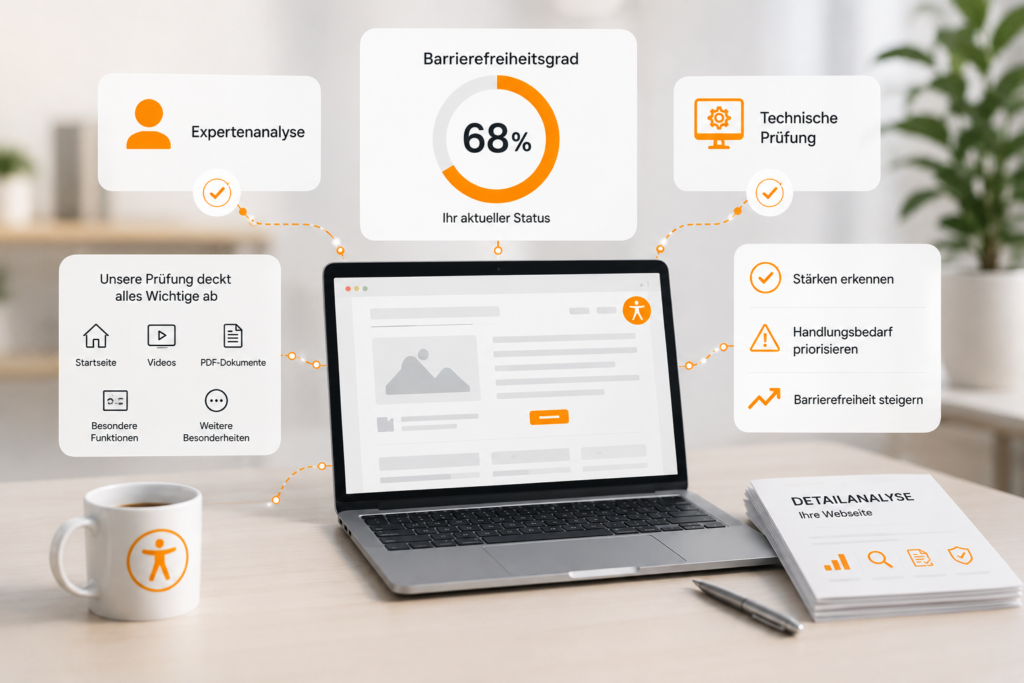 Digitale Barrierefreiheitsanalyse mit Expertenprüfung, technischer Prüfung und Maßnahmen zur Verbesserung einer Webseite.