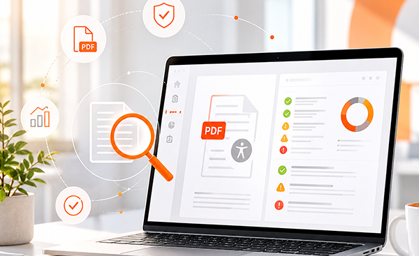 Laptop mit Prüfbericht für ein PDF-Dokument. Lupe, Barrierefreiheits-Symbol und Statusanzeigen veranschaulichen die Prüfung und Optimierung barrierefreier PDFs.