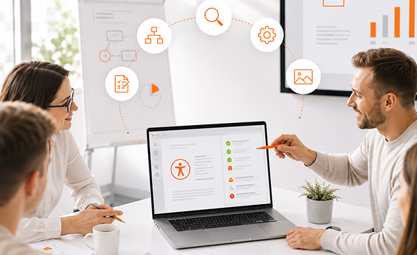 Menschen analysieren gemeinsam mit einem Trainer einen Prüfbericht für barrierefreie PDFs. Symbole für Struktur, Prüfung, Optimierung und Qualitätskontrolle veranschaulichen den Arbeitsprozess.