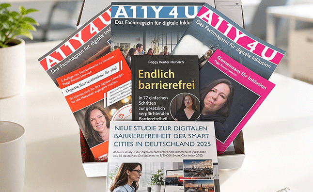 Verschiedene Publikationen von HeiReS: Die aktuellen Magazine A11Y 4 U, Digitale Barrierefreiheit für alle!, Endlich Barrierefrei, Gemeinsam für Inklusion, Studie Barrierefreiheit in Deutschland 2025